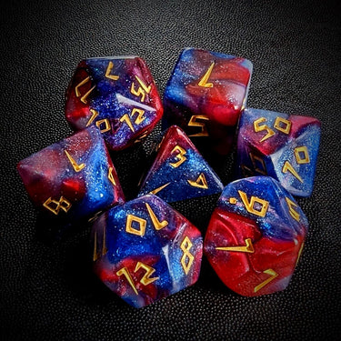 Glitter in Blue & Red Acrylic - 7pcs RPG Full Dice Set Top